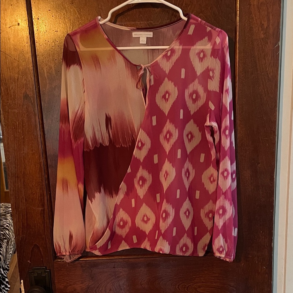 New York & Company Pink and Cream Patterned Blouse
